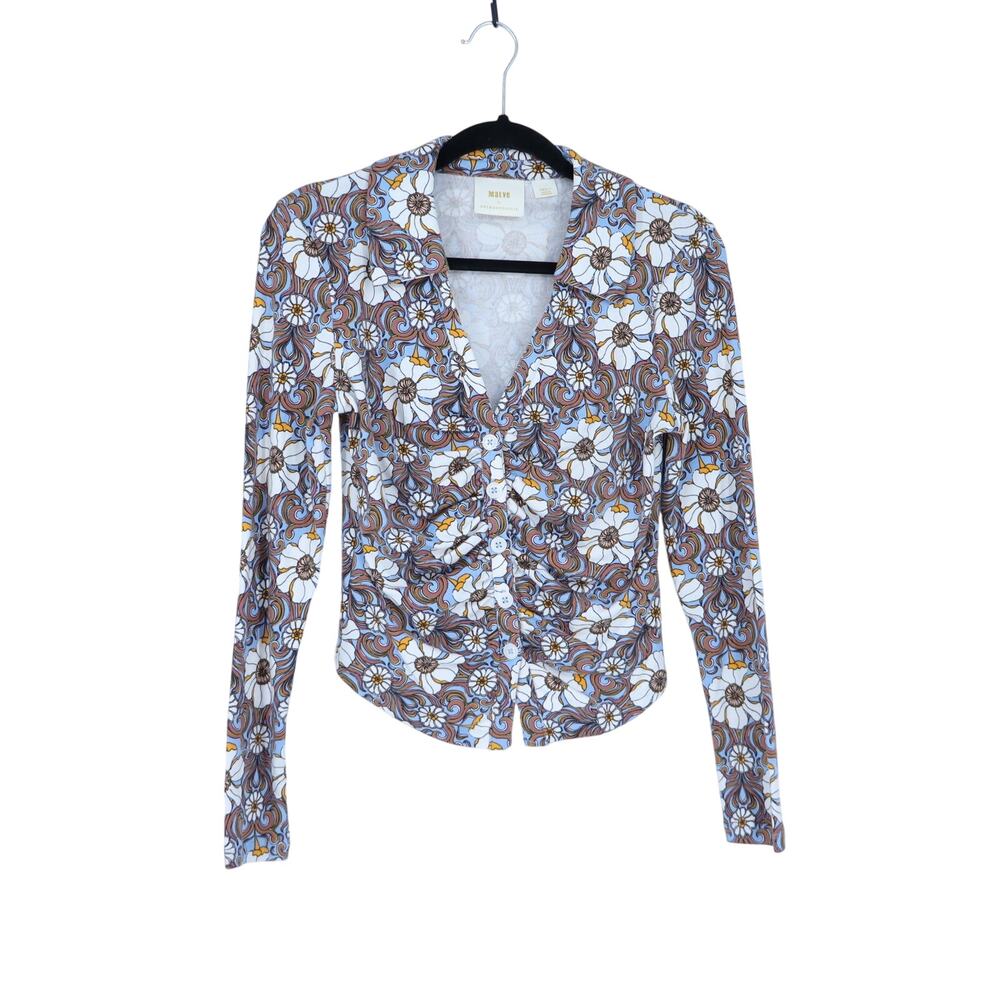 Maeve Ruched Collared Shirt Blue Motif Retro Floral Long Sleeve Women's S